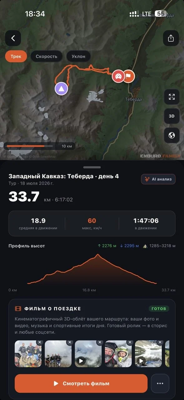 Экран выезда: трек 33,7 км, профиль высот и фильм