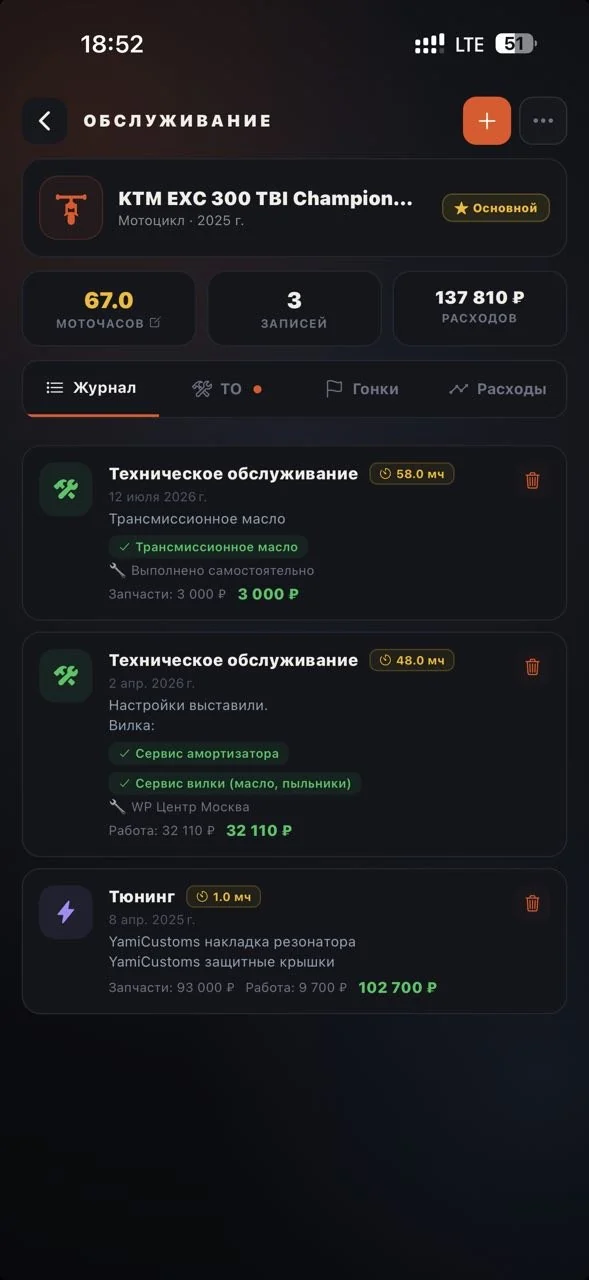Журнал обслуживания с расходами за сезон